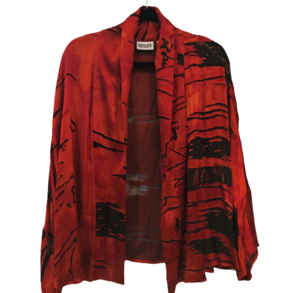 Chico's Design Red & Black Burnt Out Fabric Jacket L Chico Size 2 EUC